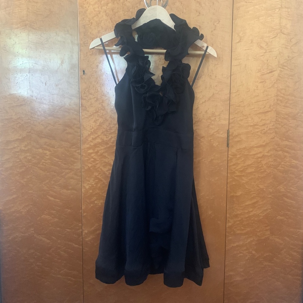 Bebe Black Silk Ruffled Mini Halter Dress XS - Picture 2 of 7